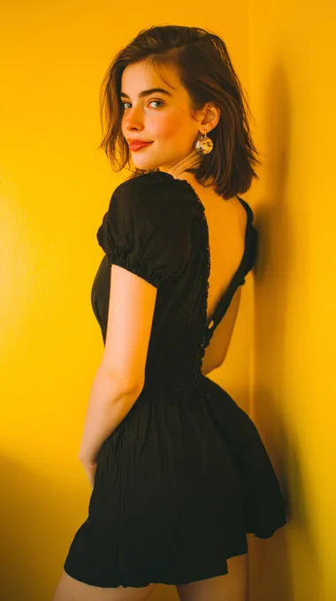 Smiling Young Woman in Black Dress Against Yellow Background Smiling Young Woman in Black Dress Against Yellow Background
