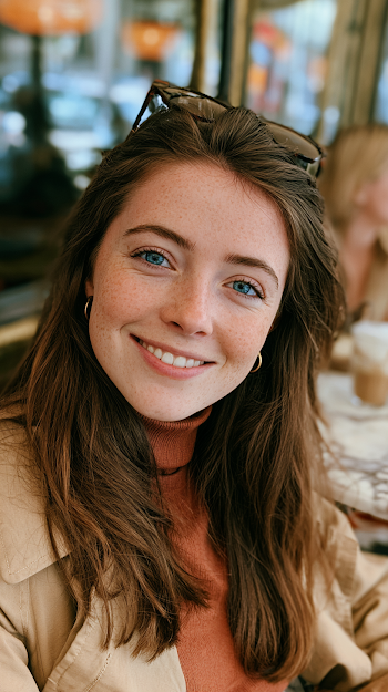 Smiling Young Woman in Cafe with Terracotta Turtleneck