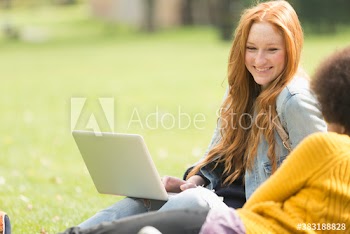 Smiling young women friends using laptop in sunny park grass