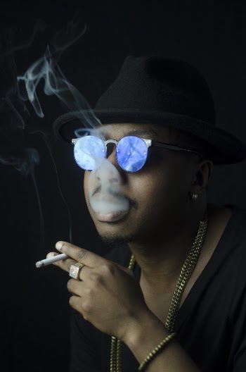 Smoking Man in Black Shirt and Blue Sunglasses