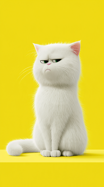 Smug White Cat Character in Yellow Studio