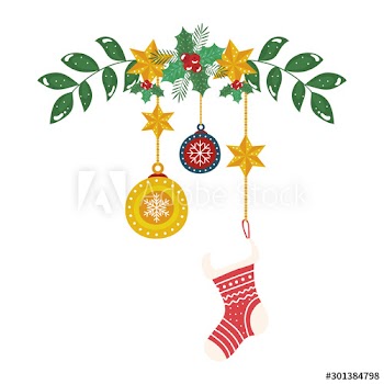sock with icons christmas decorative hanging and branches design