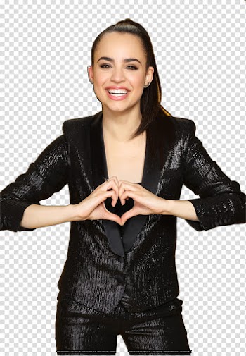 Sofia Carson, smiling woman making heart sign transparent background PNG clipart