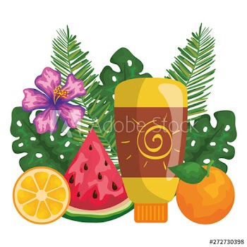 solar blocker bottle product with leafs and fruits