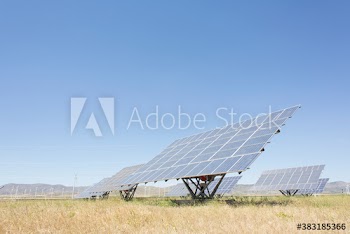 Solar panels in sunny rural field