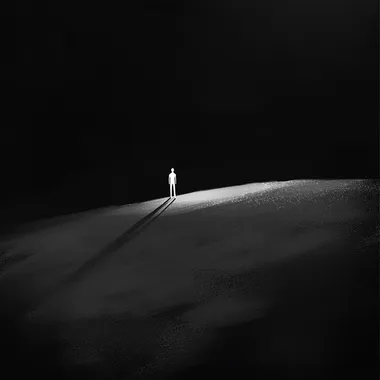 Solitary Figure on Hilltop in Dark Minimalist Landscape at Night