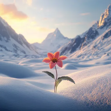 Solitary Flower Blooming in Snowy Mountain Landscape at Sunrise