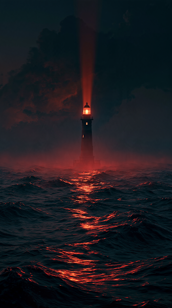 Solitary Lighthouse in a Stormy Midnight Ocean