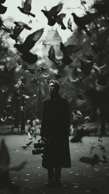 Solitude in Flight: A Man in a Park Surrounded by Birds Solitude in Flight: A Man in a Park Surrounded by Birds