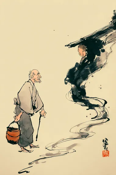 Sorrowful Reflection: A Traditional Sumi-e Ink Painting of Rural Life in 19th Century Japan