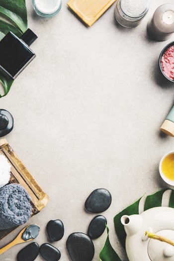 Spa accessories on grey background