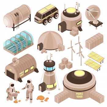 Space base buildings and astronauts on mars isometric set 3d Free Vector