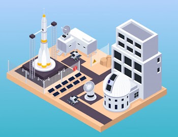 Space exploration isometric composition with view of training centre with buildings launch pad and moving rovers vector illustration Free Vector