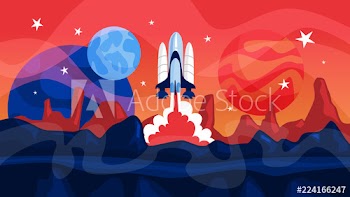 Space rocket launch with planets on background