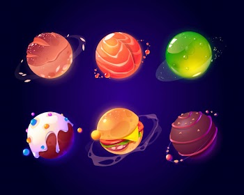 Space with food planets, burger and candy texture Free Vector