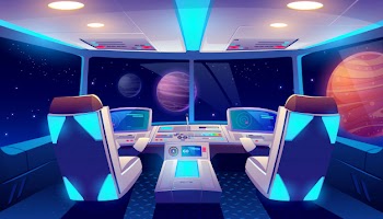 Spaceship cockpit interior space and planets view Free Vector