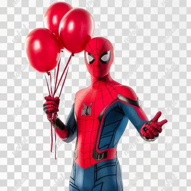 Spider-Man's Joyful Flight with Four Red Balloons