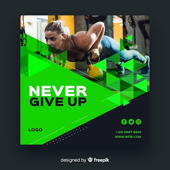 Sport square banner with photo Free Vector