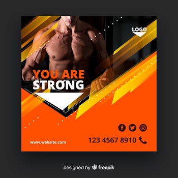 Sport square banner with photo Free Vector