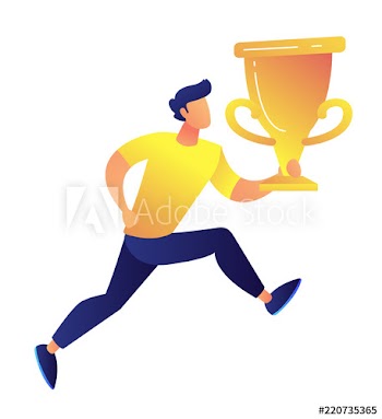 Sportsman running and holding big gold trophy cup award vector illustration