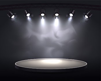 Spotlights realistic composition with round plot highlighted by six spot lights throwing bright light through smoke Free Vector