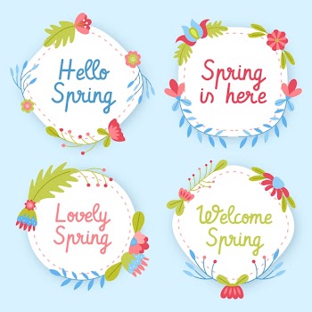Spring in here badges with flowers Free Vector