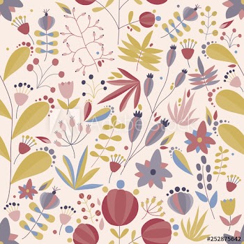Spring seamless pattern with blooming garden flowers and leaves on light background