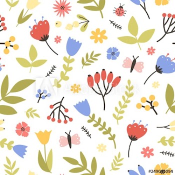 Spring seamless pattern with blooming plants on white background