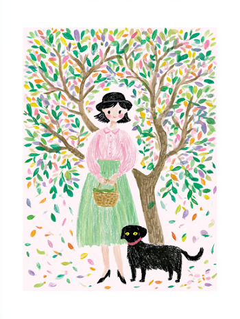 Spring Vibes: A Woman with Her Dog Under Blooming Trees