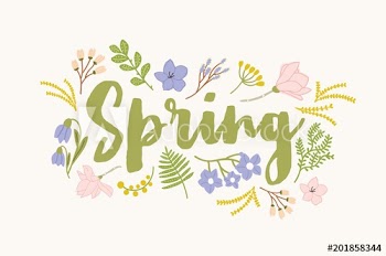 Spring word handwritten with elegant cursive calligraphic font and surrounded by beautiful blooming flowers and leaves