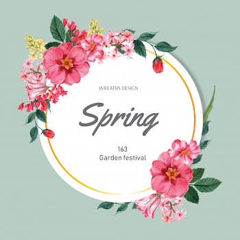 Spring wreath frame fresh flowers, decor card with floral colorful garden, wedding, invitation Free Vector