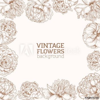 Square backdrop decorated with frame made of tender blooming peony flowers hand drawn with contour lines on light background