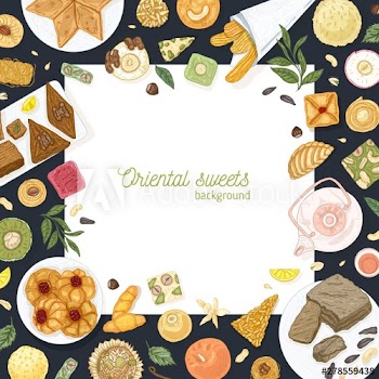 Square background template with frame made of sweets lying on plates