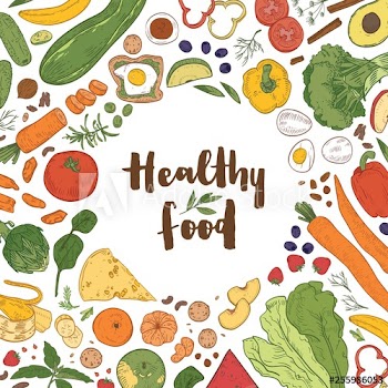 Square background with frame consisted of various healthy food on white background