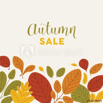 Square banner template decorated by fallen leaves or dried foliage at bottom edge and Autumn Sale lettering written with stylish font