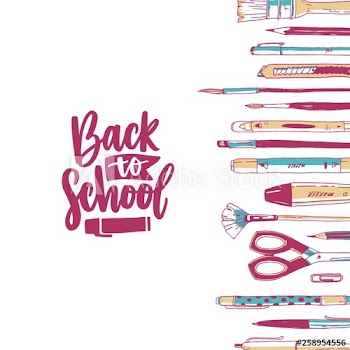 Square banner template with hand drawn stationery, writing utensils, office tools, art supplies and Back To School slogan handwritten with cursive font on white background