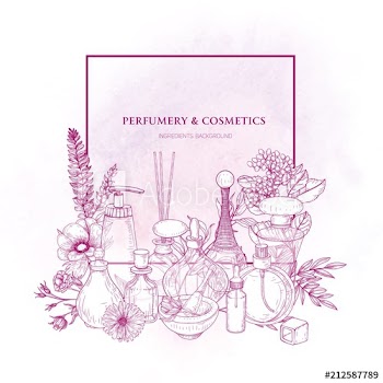 Square border decorated with perfume or toilet water in glass flasks and blooming flowers drawn with pink contour lines on white background