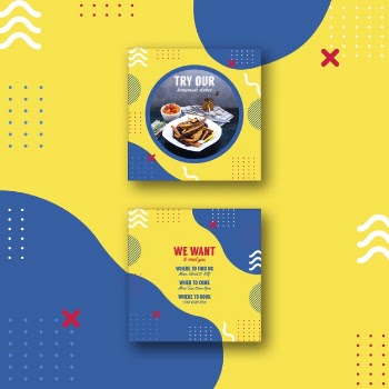 Square card template for restaurant in memphis style Free Psd