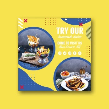 Square card template for restaurant in memphis style Free Psd