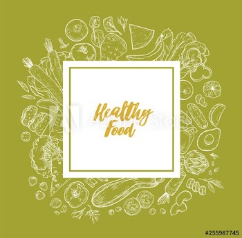 Square decorative banner template with frame consisted of healthy nutrition, fresh organic dietary products hand drawn with contour lines and place for text