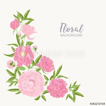 Square floral backdrop decorated by blooming pink peonies at left bottom corner