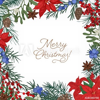 Square frame or border made of branches and cones of coniferous trees, poinsettia leaves, juniper and mistletoe berries hand drawn on white background and Merry Christmas wish