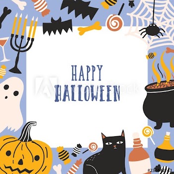 Square greeting card or postcard template decorated with frame consisted of spooky creatures, Jack-o'-lantern, sweets and Happy Halloween wish