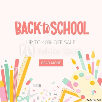 Square web banner template for Back To School seasonal sale with inscription written with calligraphic font and decorated by education supplies at bottom edge