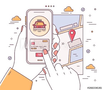 Square web banner template with hands holding phone and making payment, city map with location mark