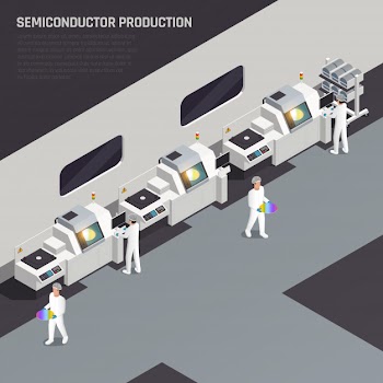 Ssemiconductor chip production isometric composition with editable text and hi-tech manufactory with characters of workers vector illustration Free Vector