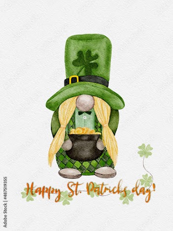 St Patrick Day leprechaun with four leaves clovers, Greeting card a Irish gnomes with pot golden coins ,shamrock a luck symbols.illustration Watercolour green Scandinavian Dwarfs collection in Celtic