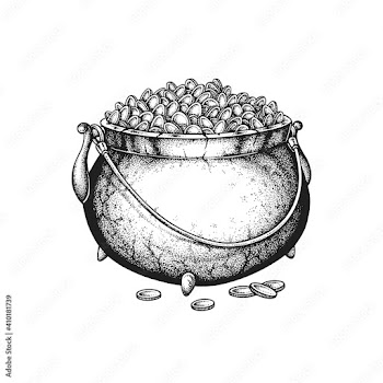 St. Patrick's Day Cast Iron Pot Full of Golden Coins. Hand Drawn Vector Illustration
