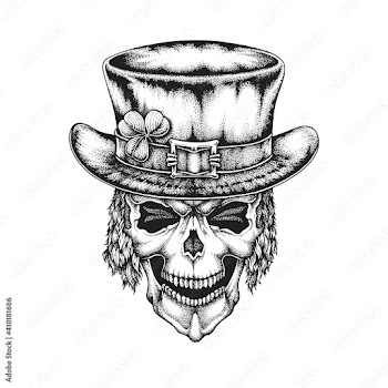St. Patrick's Day Irish Leprechaun Skull in Top Hat with Shamrock. Hand Drawn Vector Illustration