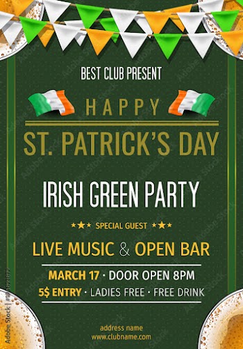 St. Patrick's Day party poster "IRISH GREEN PARTY". Clover leaves with coins on green background for greeting holiday design, invitation template. Vector illustration.